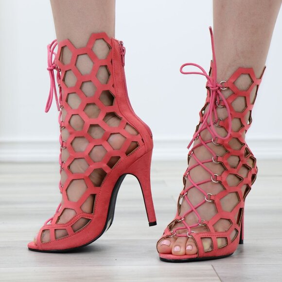 Lace-Up Strappy Glam Gladiator Suede Open Toe Needle High Heel Stiletto Sandals - Picture 11 of 11